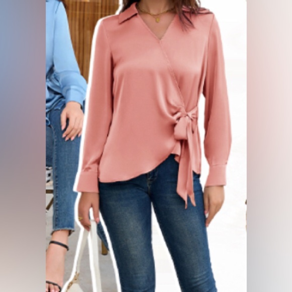 NEW GRACE KARIN Satin Silk Blouses Wrap Shirt Long Sleeve Elegant Tie Waist